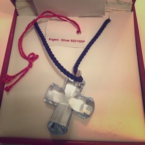 Baccarat crystal blue cross pendant with chain.